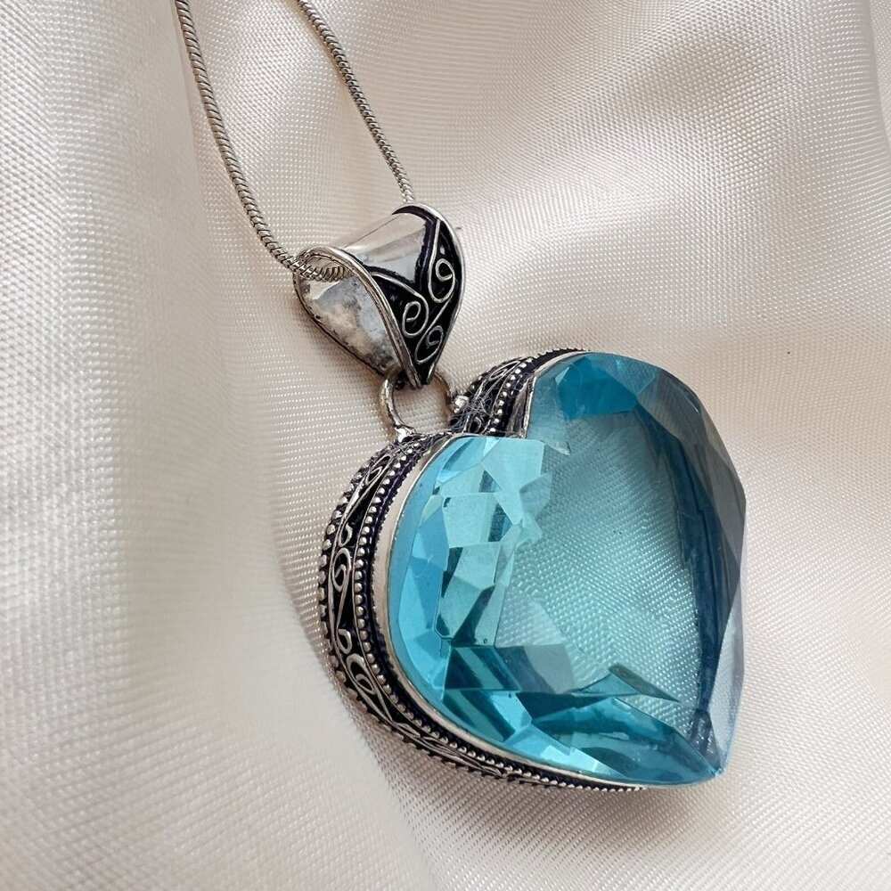 925 Sterling Silver heart swiss BlueTopaz Necklace Gemstone Womens Jewelry